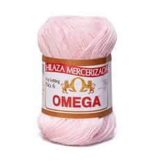 a ball of pink yarn with the word omega written on it in red and white