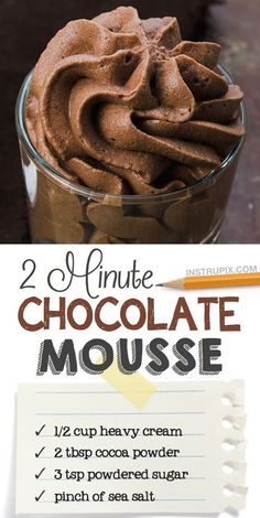 Easy 2-Minute Chocolate Mousse Recipe Easy Chocolate Mousse Recipe, Mousse Recipes Easy, No Bake Chocolate Desserts, Easy Chocolate Mousse, Resepi Biskut, Coconut Dessert, Easy Chocolate Desserts, Chocolate Mousse Recipe, Recipes With Few Ingredients