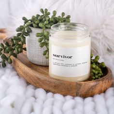 a white candle sitting on top of a wooden tray next to a potted plant