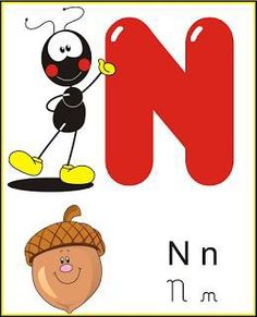 the letter n has an ant and acorn on it's head, and is surrounded by other letters