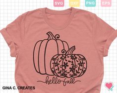 a t - shirt that says hello fall with two pumpkins on the front and bottom