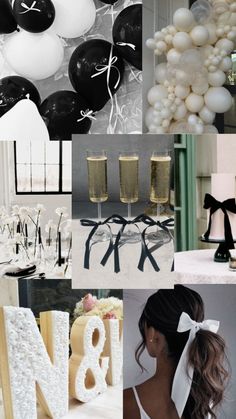 black and white wedding theme with balloons, champagnes, monogrammed letters, and bows