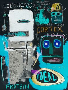 a painting with words written on it and an image of a refrigerator in the background