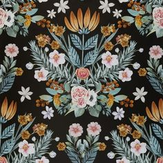 a black floral wallpaper with flowers and leaves in the center, on a dark background