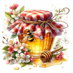 a painting of a bee in a honey jar with flowers and beeswap next to it