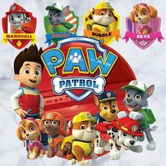 the poster for paw patrol is shown in front of an image of dogs and puppies