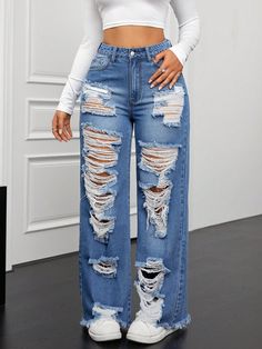 Distressed Ripped Straight Leg Jeans Medium Wash Casual   Denim Plain Straight Leg Non-Stretch  Women Clothing, size features are:Bust: ,Length: ,Sleeve Length: Cute Ripped Mom Jeans, Ripped Jeans Outfit Women, Ripped Jeans Aesthetic, Tomboy Clothes, Surprise Dance Outfits, Types Of Clothing Styles, Rip Jeans, Cute Ripped Jeans, Bohemian Jewels