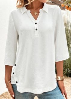 Color:White;Size:S;Size:M;Size:L;Size:XL;Size:XXL;Package Contents:1 X Blouse;Occasion:Casual;Style:Casual; Blouse Size Chart, Solid Texture, Basic Blouses, Trendy Tops For Women, Middle Age Fashion, Plain Blouse, Hem Blouse, Loose Shirts, Collar Blouse