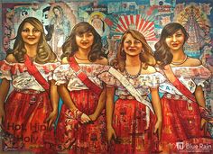 three women in red dresses are standing next to each other