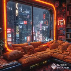 a living room filled with lots of furniture next to a window covered in neon lights