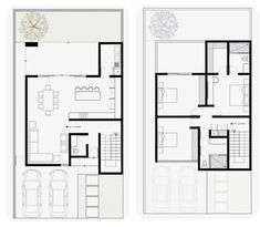 two story house plans with garage and living room in the middle, from top to bottom