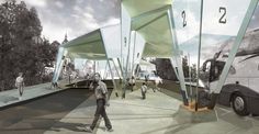 an artist's rendering of a bus station with people walking around