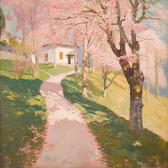 an oil painting of a path leading to a white house in the distance with pink flowers on trees