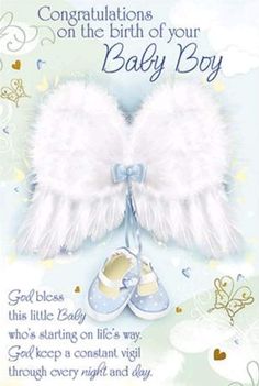 congratulations card for baby boy with white angel wings and blue booties on it's feet