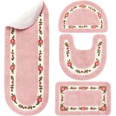 pink bathroom rugs and toilet mats with flowers on them