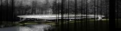 an artistic rendering of a futuristic building in the woods with trees and water behind it