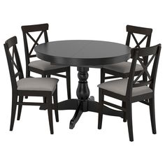 a black table and four chairs with one chair up against the other, on a white background