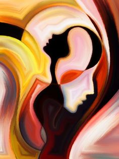 an abstract painting of two women facing each other