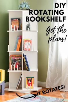 ROtating bookcase in boys room with text overlay Diy Home Bookshelves, House Bookcase Diy, 360 Bookshelf, Rotating Shelf Diy, Bookshelf Diy Plans, Diy Revolving Bookcase, Revolving Bookcase Diy, Diy Baby Bookshelf, Spinning Bookshelf Diy