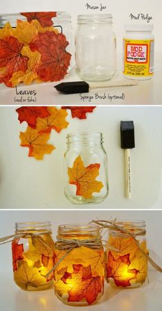 mason jars filled with fall leaves and some glue to make them look like they are floating in the water