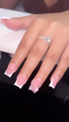 Acrylics Hello Kitty, Short Nails For Hoco, Shorties Acrylic Nails French Tip, Simply Cute Nails, Good Acrylic Nails, Nail Ideas Gems, Nails Ideas Birthday, French Nails With Bling, Short Nails Kawaii