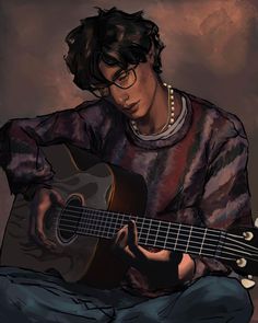 a drawing of a person sitting with a guitar