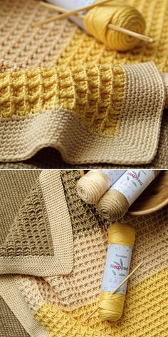 two pictures showing the process of crocheting with yarn and knitting needles on top of each other