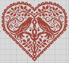 a cross stitch pattern in the shape of a heart with two birds on it's side