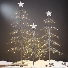 three christmas trees with white lights in the snow