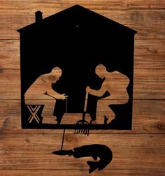 the silhouettes of two men are in front of a house with a dog and broom