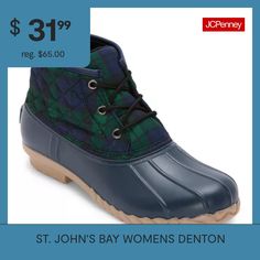 Outfit your outdoor adventures in cooler weather with St. John's Bay women's Denton classic duck boot. These lace-up rain boots provide a generous amount of protection thanks to the water-resistant rubber outsole, complete with the brand's embossed logo at the back. Not to be intended to be worn as a snow boot and not designed to be submerged in water.Upper portion of the shoe is not waterproof.Waterproof on the rubber duck shell and not above the seam.Not designed to be submerged in water.Clos… Heel Rain Boots, Blue Waterproof Rain Boots With Round Toe, Insulated Blue Rain Boots For Outdoor, Waterproof Ankle-high Rain Boots, Green Non-slip Rain Boots For Outdoor, Ankle-high Rain Boots With Rubber Sole For Outdoor, Duck Boot, Heeled Rain Boots, Snow Boot