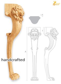 the front and side view of an ornate wooden door handle with lion head on it