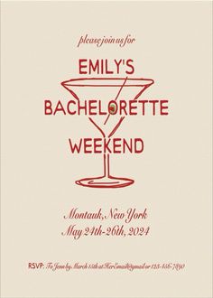 an advertisement for the bachelor weekend with a martini glass in red and white on a beige background