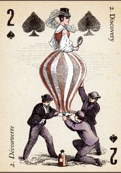 a playing card with an image of a hot air balloon being lifted by two men