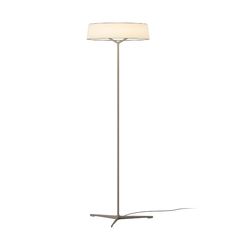 a floor lamp with a white shade on the top and one light on the bottom