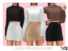 three different styles of skirts and sweaters for the simse fashion game, crop sweat & skirt