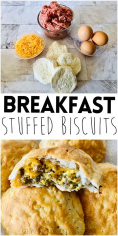 breakfast stuffed biscuits with eggs, cheese and other ingredients on the side are shown in this collage