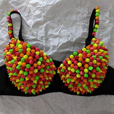 A Black Molded Push Up Bra Adorned With Neon Spikes. No Tags Inside But It Fits Like A 34c. Seems Unworn, No Missing Beads. Neon Bra, Bead Bra, Rave Bra, It Fits, Rave Outfits, Push Up Bra, A Black, Women's Intimates, Push Up