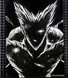 a black and white drawing of a creature with two hands on his chest, in front of