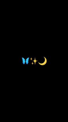 two butterflies flying in the night sky with stars and crescents on their back side