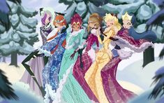 the princesses are all dressed up in their winter outfits and have snow - covered trees behind them