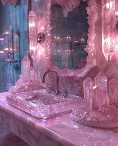 Crystals For Bathroom, Cute Bathroom Mirror, Fairycore Bathroom, Bedroom And Bathroom Ideas, Mirror With Crystals, Colorful House Decor, Fantasy Bathroom, Princess Bathroom, Glitter Bathroom