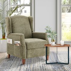 a living room scene with focus on the reclining chair and coffee table in the foreground