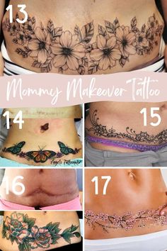 the different tattoos on this woman's stomach are shown