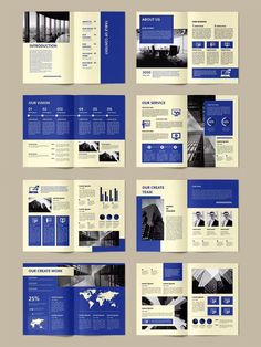 an open brochure with blue and white pages