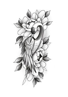 a black and white drawing of a bird with flowers on it's back side