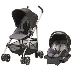 a baby stroller and infant car seat