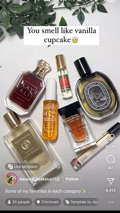 an image of some perfumes and bottles on a white background with text that reads, you smell like vanilla cupcake