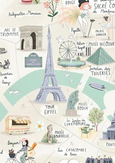 an illustrated map shows the various attractions in paris