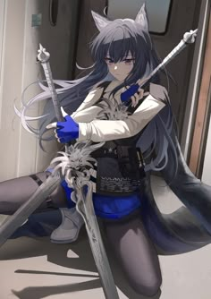 an anime character with long hair and blue eyes, holding two swords in her hands